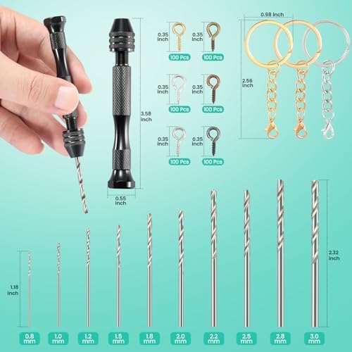 Hand Drill Set for Resin Crafts, Pin Vise Jewelry Making Kit with 10 Drill Bits, 600 Eye Screws, 15 Keychain Rings – Push Drill Tool for Epoxy, Molds, DIY Projects (Pin Vise Hand Drill Set - 1)