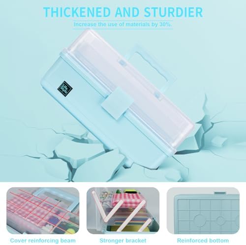 Creahaus 13 inch Art Craft Organizer Storage Box with 3 Layer, Multipurpose Plastic Tool Box with Handle for Sewing, Art Supply, Medicine, Nail, Hair Accessories (Blue)