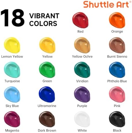 Shuttle Art Acrylic Paint, 18 Colors Acrylic Paint Pouches (120ml/4.06oz), Artist Grade Paint Set, Rich Pigments, Non-Toxic for Artists, Beginners and Kids on Rocks Crafts Canvas Wood Ceramic