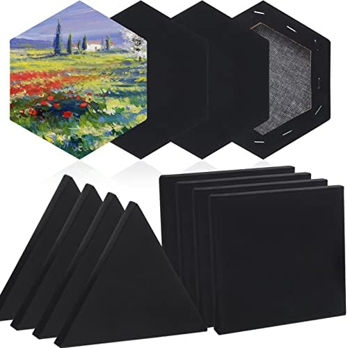 Epakh 12 Pcs Black Canvas for Painting Stretched Canvas Cotton Square Triangle Hexagon Blank Boards Panels Art with Frame Panel Stretched Boards for Oil Acrylic(6 Inch)