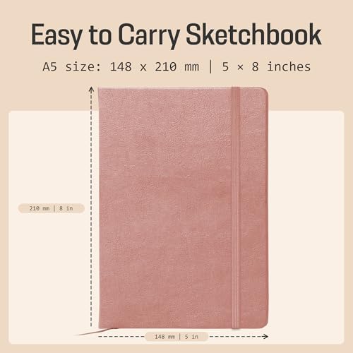BROWNSTONE JOURNALS A5 Sketch Book Hardcover - 80 Sheets 100 GSM Paper | 5" x 8", Lay Flat, Vegan Leather Cover, Elastic Band, Back Pocket, Compact Art Drawing Book for Adults & Students