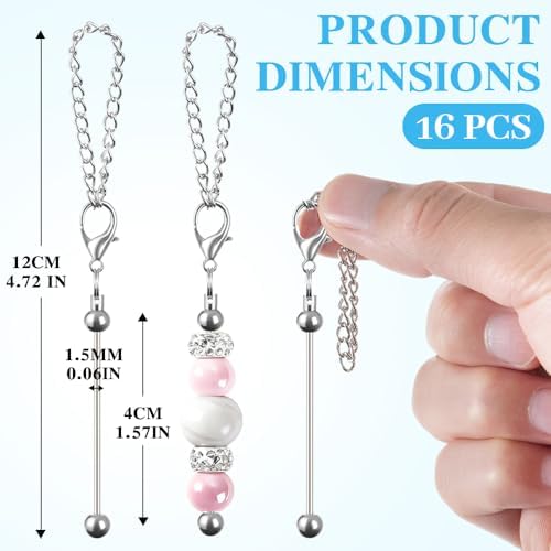 16PCS Beadable Keychain Bar Bulk, Metal Blank Beaded Keychain Bar for Beads DIY Crafts Charms Jewelry Making Supplies