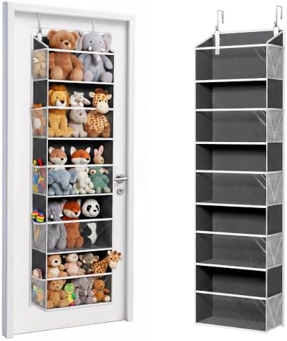 ULG Stuffed Animal Organizer Over the Door, Large Hanging Plush Toy Storage with Mesh Window, Cotton Kids Toy Organizer for Bedroom, Nursery, Playroom & Baby Items Dark Grey
