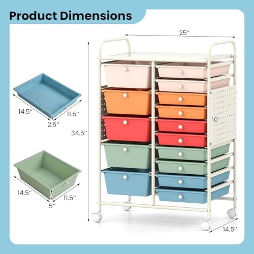 GOFLAME 15-Drawer Rolling Storage Cart with Pegboard, Craft Storage Cart with Lockable Wheels and Metal Frame, Art Cart Supply Storage Organizer for Home Office Classroom, Macaron Color