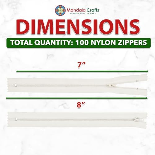 Mandala Crafts 100 PCs Off White Closed-End 7 Inch Nylon Zippers for Sewing