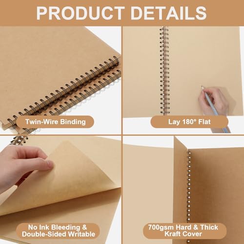 PerKoop 2 Pcs 8.5"x11" Spiral Sketch Books Sketch Pads, Kraft Brown