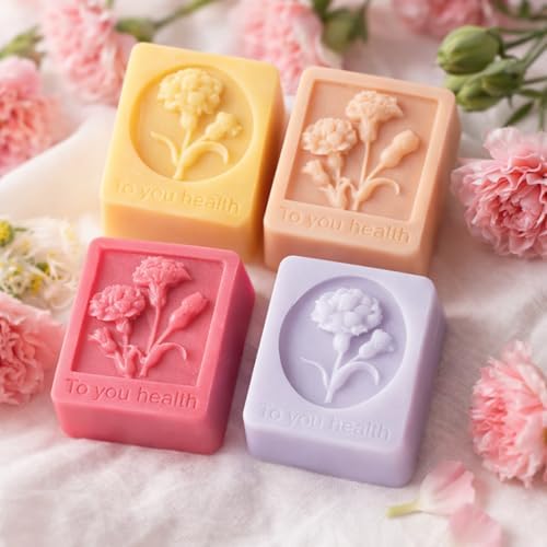 2 Pack Mother's Day Mold Carnation Flower Soap Molds Flowers Silicone Soap Mold Carnation Mold Carnation Silicone Molds Square Handmade Soap Mould for Wax Soap Candle Lotion Bath Bombs Cake Chocolate