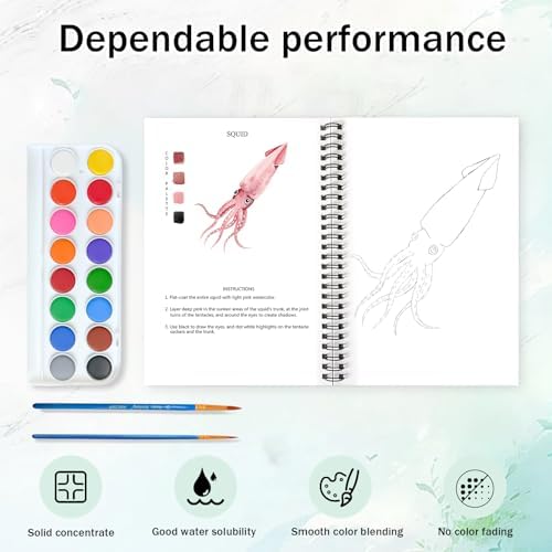 Watercolor Workbooks, 16 Colors Water Color Books Paint Set for Adults, Watercolor Coloring Book for Beginners, Water Color Workbook, 15 Beautiful Paintings for Beginners (Ocean Animals)