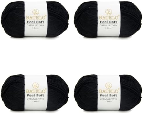 Thin Chenille Yarn for Crocheting & Knitting, Soft Plush Yarn for DIY Crafts, Amigurumi, Home Decor - 3 Light - 4 Pack of 1.7oz/142yds - Black