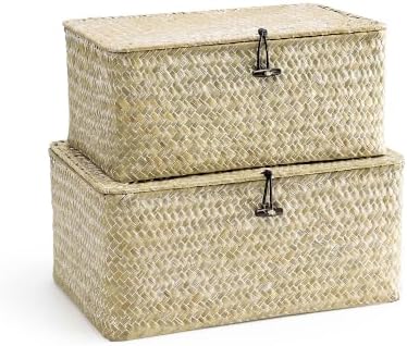 Nonam Wicker Storage Basket with Lid, Seagrass Shelf Basket Set of 2, White