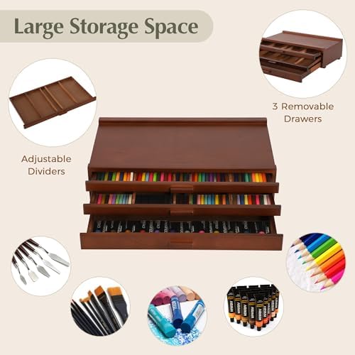 VISWIN Upgraded 3-Drawer Wood Artist Supply Storage Box with Removable Dividers, Premium Beech Wood Art Storage Box, Portable Organizer Box for Paints, Pastels, Pencils, Brushes and Art Supplies