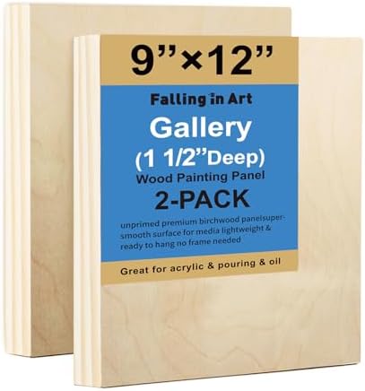 Falling in Art 2 Pack 9x12'' Unfinished Gallery Birch Wood Canvas Panels | 1 1/2" Deep Art Cradle Boards for Painting, Pouring, Burning,Epoxy Resin, Laser Engraving Cutting