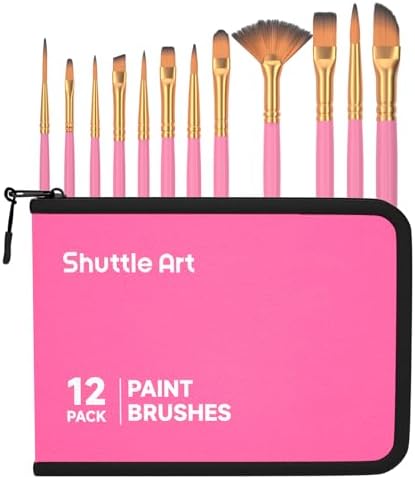 Shuttle Art 12 PCS Paint Brush Set with Case, Assorted Shapes & Sizes for Acrylic, Watercolor, Oil, and Gouache, Perfect Artist Brushes for Kids, Beginners, and Professionals, Ideal for Home or Travel