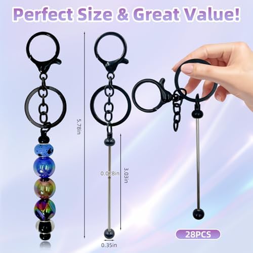 28 Pcs Beadable Keychain Bars - Keychain Making Kit Bulk - Metal Beaded Keychains for Crafting - Diy Key Chain Supplies - Blank Keychains Bars for Beads - Beadable Items (Black)