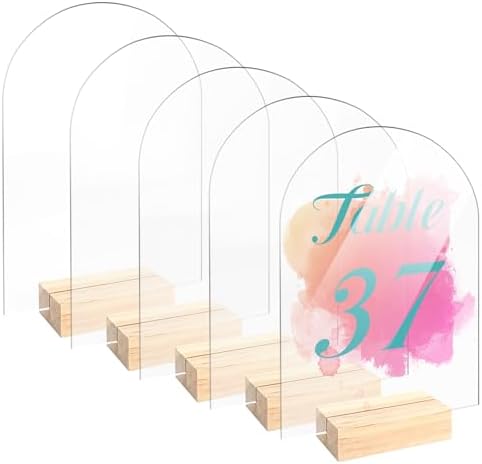 Bercoor 5 Pack 5x7 Inch Blank Clear Arch Acrylic Sign with Wooden Stands, Arched Round Top Acrylic Sheet, DIY Acrylic Arch Table Numbers for DIY Name Card Gifts Event Party Sign Decoration