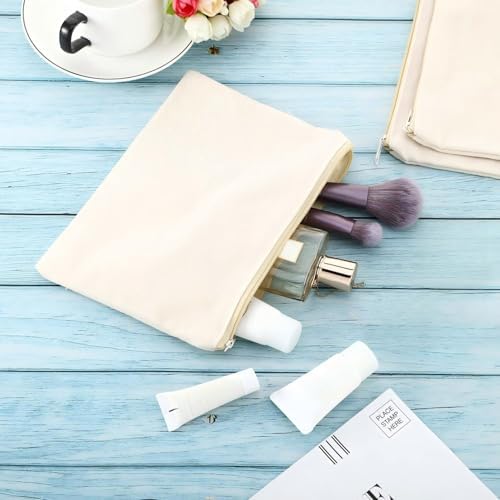 Gejoy 10 Pack Blank Canvas Cosmetic Bags Zipper Pouch DIY,L,Beige