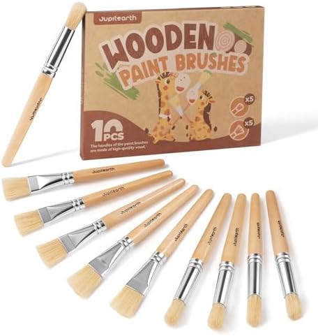 JUPITEARTH Natural Wood Handle Paint Brushes for Kids, 10-Pack