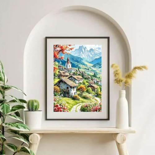 OJTOYART Country House Scenery Diamond Painting Kits for Adults，5D Diamond Painting Kits for Beginner,DIY Round Full Drill Diamond Dots GemPainting for Adults Crafts Home Wall Decor 12x16 Inch