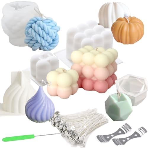 6pcs Silicone Candle Making Molds Kit Set, 3D Silicone Mold for Baking Desser, Soy Wax, Soap Geometric Pumpkin Shapes Yarn Ball Bubble Cube Molds DIY Scented Candle