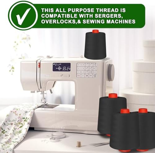 Black Sewing Thread, Serger Thread Cones 4 Pack, 40S/2-52000 Yards Black