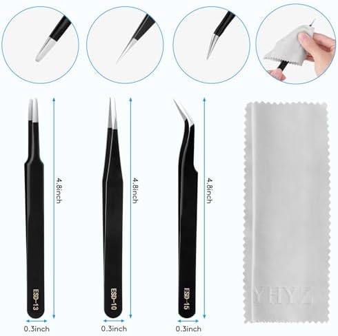 YHYZ 3PCS Precision Tweezers Set, Premium Stainless Steel Anti-Static ESD Tweezes, Suitable for Tweezers, for Craft, Electronic, Soldering, Model, Hobby, Jewelry Making Laboratory