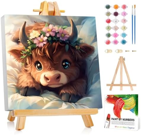 Reivworl Framed Cow Paint by Numbers Kit for Adults Beginner 10×10 inch