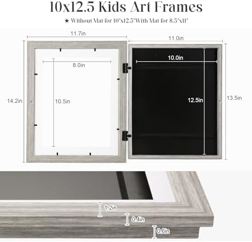 [2 Pack] Kids Art Frames, 10x12.5 Front Opening Kids Artwork Frames Changeable, Grey Wood Grain Artwork Display Storage Frame for Wall, Holds 50 Pcs, for 3D Picture, Crafts, Children Drawing, Hanging