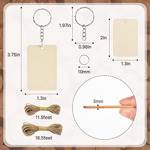 50Pcs Blank Rectangle Wooden Keychain Set, Unfinished Wood Slices with 50Pcs Key Rings, with Jute Rope Wood Keychain Key Tags for DIY Craft Supplies