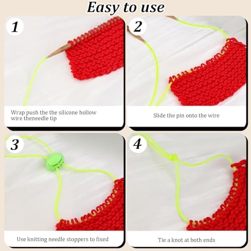 Dexspoeny 10 Pcs Knitting Needle Stoppers,Colorful Silicone Knitting Stitches Holder with 20Pcs Plastic Crochet Hook Clip,2mm Hollow Rubber Tubing Knitting Barber Cord,Convenient for Knitting