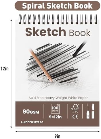 Umriox Sketch Pads for Drawing, 9" x 12" Sketchbook, 2-Pack | Acid-Free Drawing Paper, 100 Sheets Each Pad, Spiral Bound, Art Supplies for Artists, Students, School Sketching & Projects