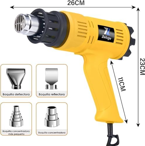 Zeluga 29-434 Heavy Duty Fast Heating Hot Air Gun Kit with Variable Temperature Control and Overload Protection with 4 Nozzles for Crafts, 1800W 140℉~1112℉（60℃- 600℃）