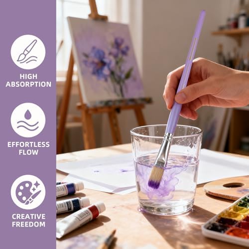 12 Pcs Flat Professional Artist Watercolor Paint Brush Set, Purple