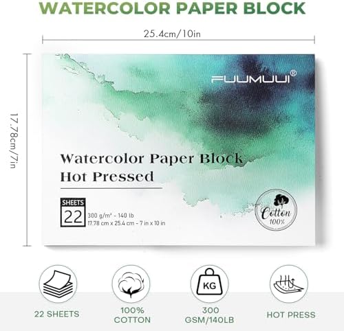 Fuumuui Watercolor Paper Block 7x10 Inch, Smooth Surface 100% Cotton Watercolor Paper, 22 Sheets, 140lb/300gsm, Hot Press, Acid-Free, Art Paper for Painting & Drawing, Wet, Mixed Media