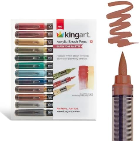 KINGART PRO 12-Piece Acrylic Paint Brush Pen Set – Earth Tone Colors – Flexible Brush Tip for Detailed Illustration and Lettering – Water-Based Opaque Art Markers for Multi-Surface Use