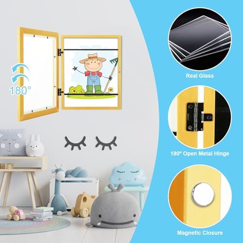 [2-Pack] Kids Art Frames, 8.5x11 Front Opening Kids Artwork Frames Changeable, Milk Yellow Artwork Display Storage Frame for Wall, Holds 50 Pcs, for 3D Picture, Crafts, Children Drawing, Hanging Art,
