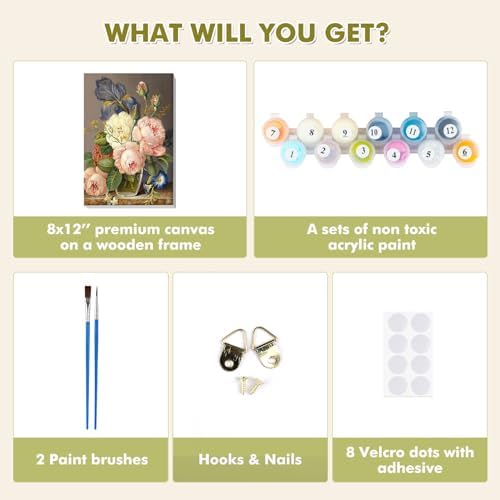 Bowetile Framed Paint by Numbers Kit for Adults Beginner, Flowers Adults' Paint-by-Number Kits on Canvas, Easy Acrylic Number Painting Kits for Home Wall Decor Gifts, 8x12in