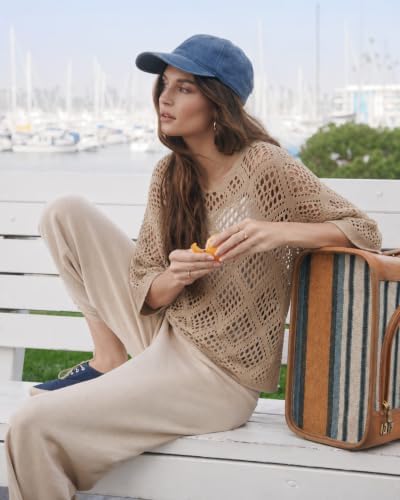 Womens Crochet Top Summer 3/4 Sleeve Cover Up V Neck Boho Tops
