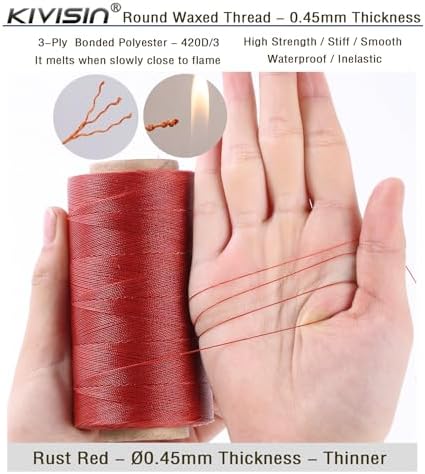 Thin Wax Polyester Thread, 0.45mm, 547 Yards, 3 Ply Round Waxed Cord Strings for Sewing, Beading, Binding, Micro Braiding, Fine Leather Craft and Micro Macrame Jewelry - Rust Red