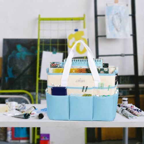 JJRING Craft Organizer Tote Bag Large Art Storage Caddy Sky Blue and Beige | With Multiple Pockets For Sewing, Scrapbooking, School, Medical, And Office Supplies
