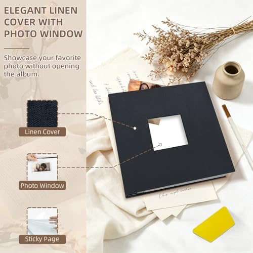 Popotop Photo Album Self Adhesive with Picture Display Window,40 Pages DIY Scrapbooking Supplies Kit for 4x6 10x12 Picture,Linen Cover Memory Book for Baby Wedding, with Scraper and Metallic Pen