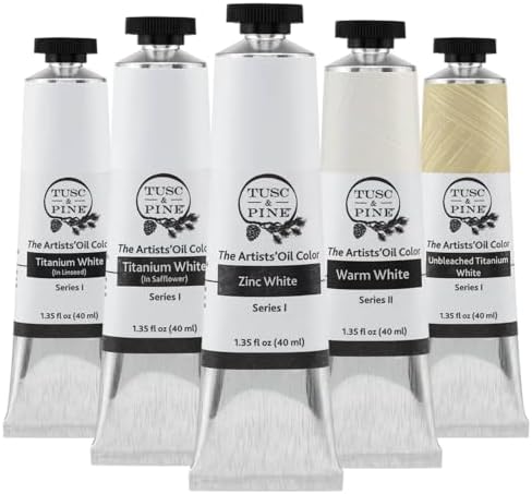 Tusc & Pine Artist Oil Paint - 40 ml Set of 5 - Modern White - Non-Yellowing, Rich & Creamy Consistency, Maximum Pigment Load, Small Batch Milled Oil Paints Developed for Professional Artists