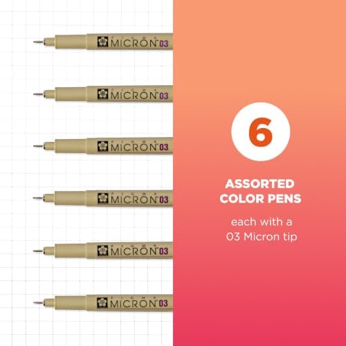 Sakura Pigma Micron Fineliner Pens, Assorted Colors, 03 Tip, 6 Count