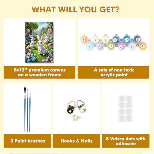 Bowetile Framed Paint by Numbers Easter Kit for Adults, Adults' Paint-by-Number Bunny Kits on Canvas, Painting by Numbers Rabbit, DIY Acrylic Number Painting for Home Wall Decor, 8x12in