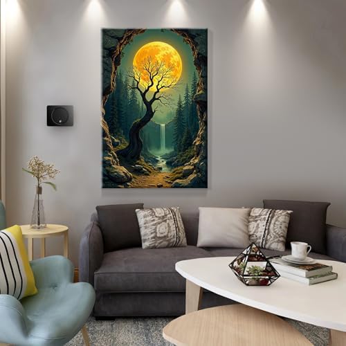 JOOZ Paint by Numbers Kit for Adults with Frame Moon Paint by Number with Easel Tree Adult Paint by Number Kits Framed Canvas Mountain Waterfall Oil Painting Kits for Gift Home Wall Decor 8x12 Inch