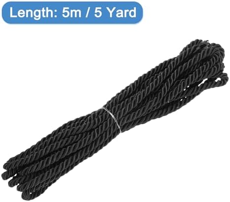 MECCANIXITY Twisted Cord Trim, 5 Yard 6mm 3-Ply Twine Braided Rope Shiny Thread String for Craft Gift Bag Curtain Christmas Decor, Black - 5m