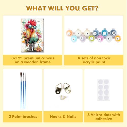 Bowetile Framed Paint by Numbers Chicken for Adults Beginners, Adults' Paint-by-Number Rooster Kits, Easy Adult Paint by Number Kits on Canvas, Acrylic Animals Number Painting for Home Decor, 8x12in