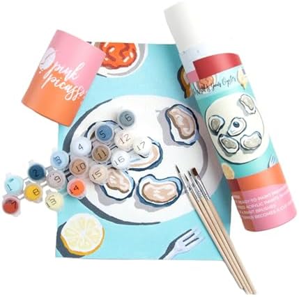 Pink Picasso The World is Your Oyster Paint by Numbers Kit 8x10 Coastal Art | Coastal oyster art with lemon wedges, cocktail sauce and turquoise tabletop for a fresh retro DIY painting project