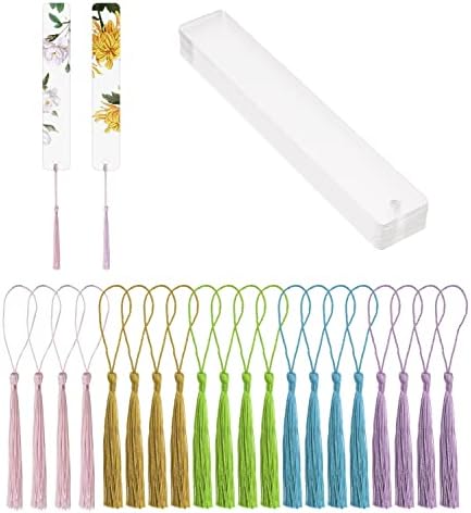Blank Clear Acrylic Bookmarks Penta Angel 20Pcs Plastic Craft Transparent Acrylic Book Page Marks with 20Pcs Small Book Page Marks Tassels for DIY Projects and Graduation Gift Tag (Rectangle)