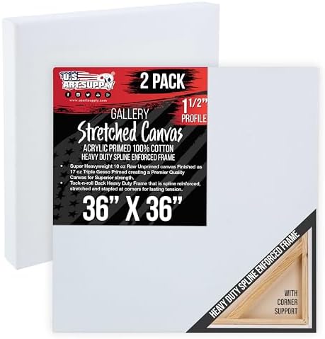 U.S. Art Supply 36"x36" Stretched Canvas for Painting, Gallery Depth 2-Pack | Rectangle 1-1/2" Thick - 17oz Acrylic Gesso Triple Primed, Professional Artist Quality, 100% Cotton - Oil, Pouring Paint