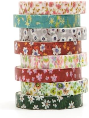 YUBBAEX 8 Rolls Basic Washi Tape Set Cute Pattern Masking Decorative Tapes for Arts, DIY Crafts, Journals, Planners, Scrapbooking, Wrapping (Deep Floral)
